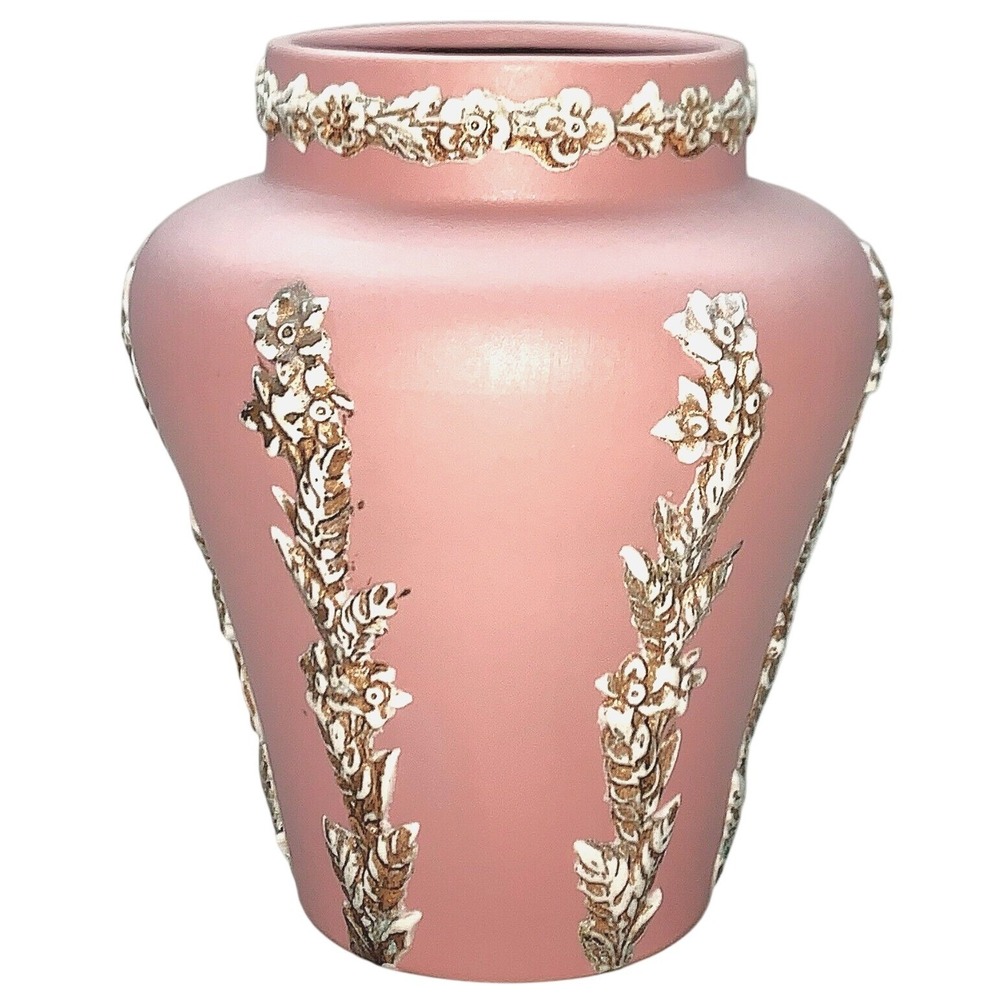 Ecanada PINK JASPERWARE Cabinet Vase Canada Art Pottery Rose Relief Goldwash Vtg
